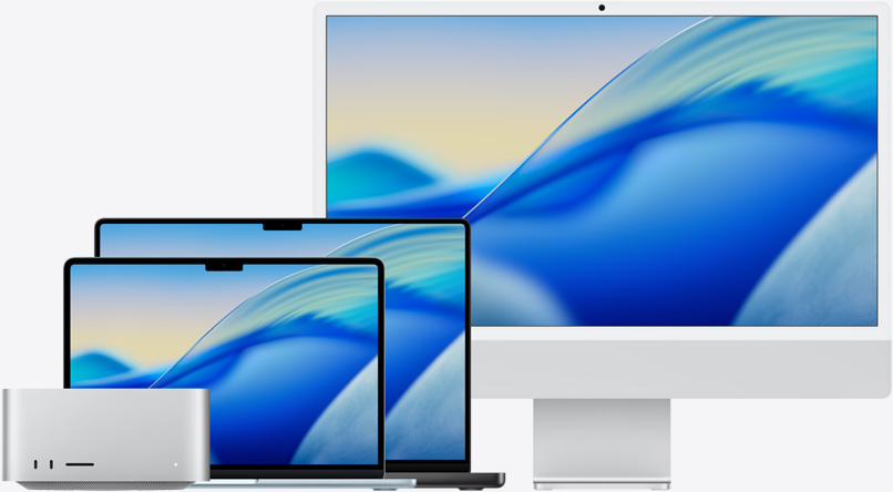 Tapeta macOS Tahoe na komputerach z rodziny Mac, od lewej do prawej: Mac Studio, 13-calowy MacBook Air w kolorze błękitnym, 14-calowy MacBook Pro w kolorze gwiezdnej czerni i 24-calowy iMac w kolorze srebrnym