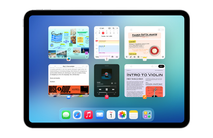 Ein iPad im Querformat zeigt sechs geöffnete Fenster in zwei Reihen an, darunter die Apps Kalender, Notizen, Apple Music und Safari