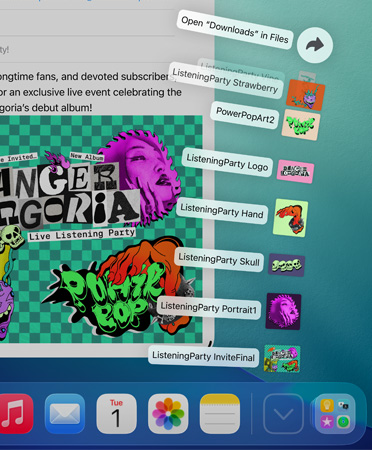 Nahaufnahme des Docks am unteren Bildschirmrand mit einer Reihe von Dateien, die nach oben aus dem Dock herausgefächert werden