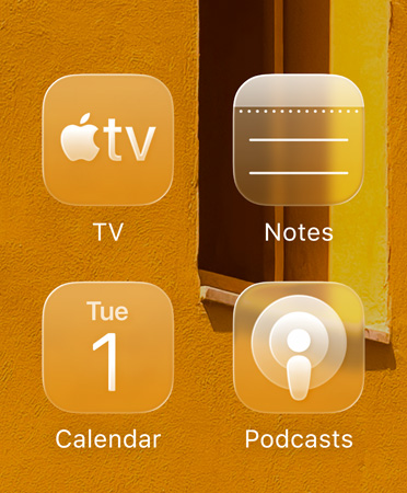 Liquid Glass app icons, including Apple TV, Notes, Calendar, and Podcasts, tinted with color to complement wallpaper image