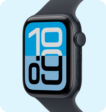 ساعة Apple Watch SE 3، إطار ألومنيوم، لون سماء الليل، واجهة الساعة 'التدفق'، الجزء الخارجي الأيمن، التاج الرقمي، ميكروفون، زر جانبي، حزام رياضي، لون سماء الليل