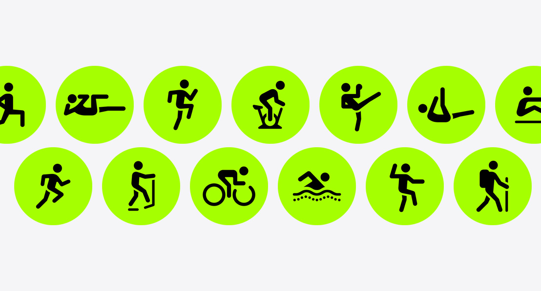 Icons representing various workouts, from running to HIIT to yoga