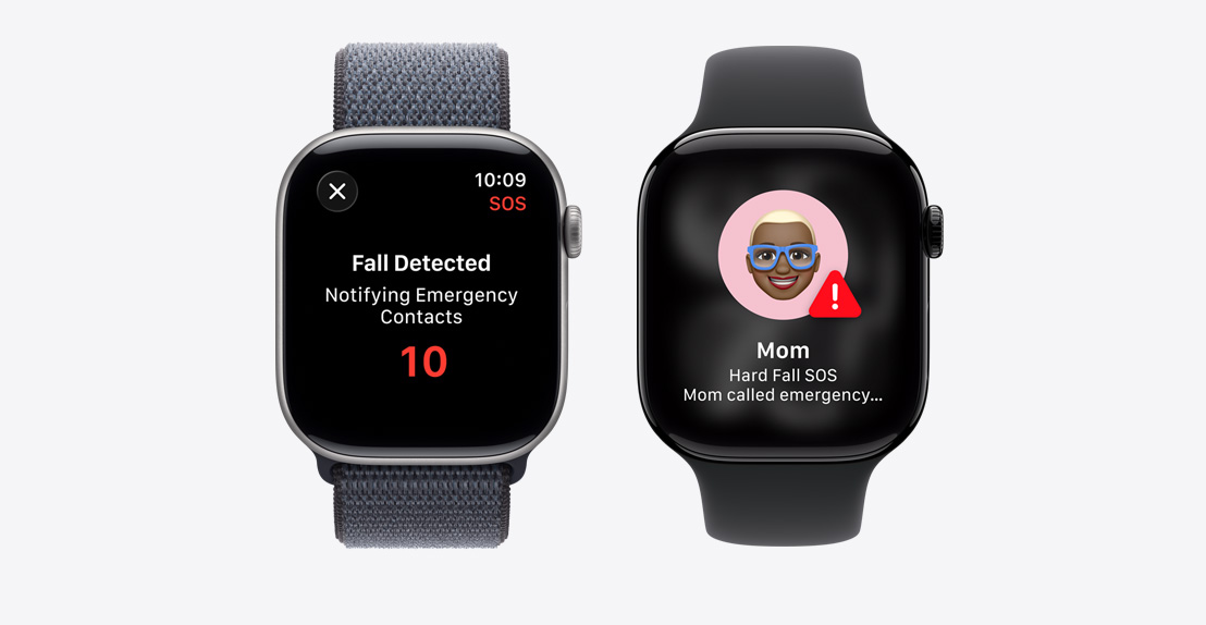 Apple Watch Series 11, Fall Detection notification, Emergency Call button, second notification reads: Mom took a hard fall and has called emergency services