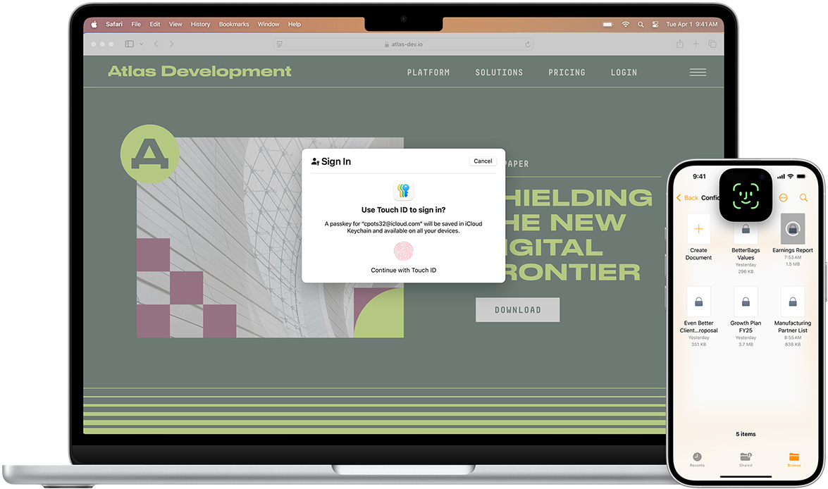 Mặt trước của MacBook hiển thị cửa sổ Touch ID. Phía trước MacBook là một chiếc iPhone hiển thị màn hình Face ID.